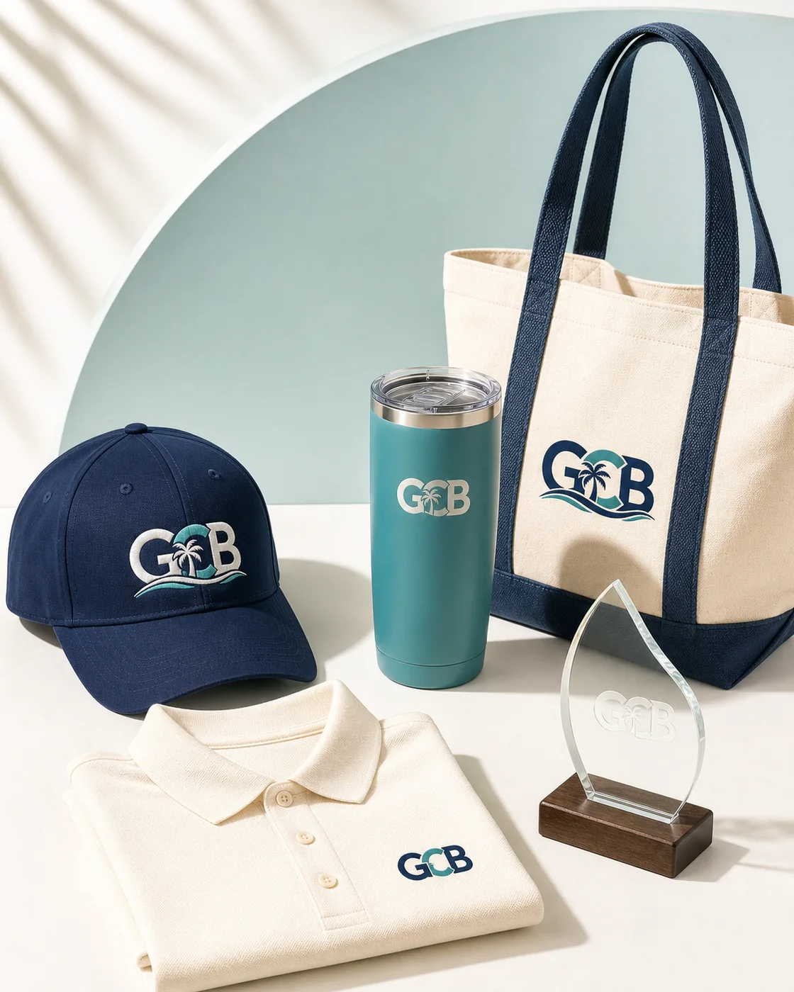 A coordinated collection of branded apparel, drinkware, bags, and awards